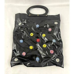 VTG Black Vinyl Daisy 3D Tote Bag Purse 14"x15"‎ Retro Textured Round Handles